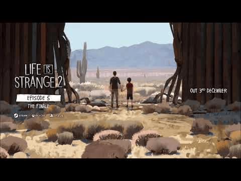 Scene from game: Life is Strange 2 during a load screen for Episode 5 where two brothers stand in front of a broken border wall. 
