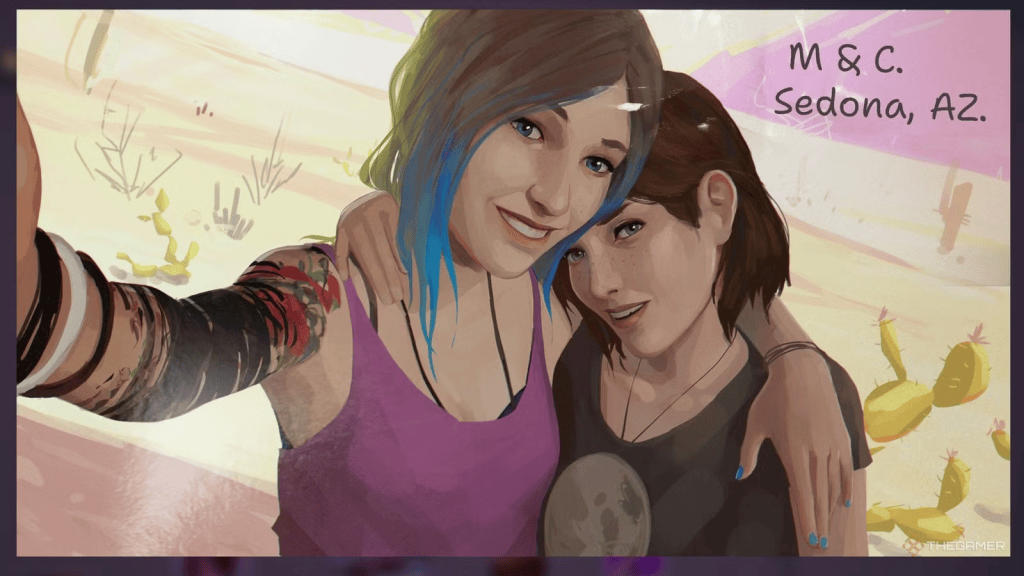 Image from Life is Strange Reunion showing two characters in a selfie photo in Sedona, AZ. 