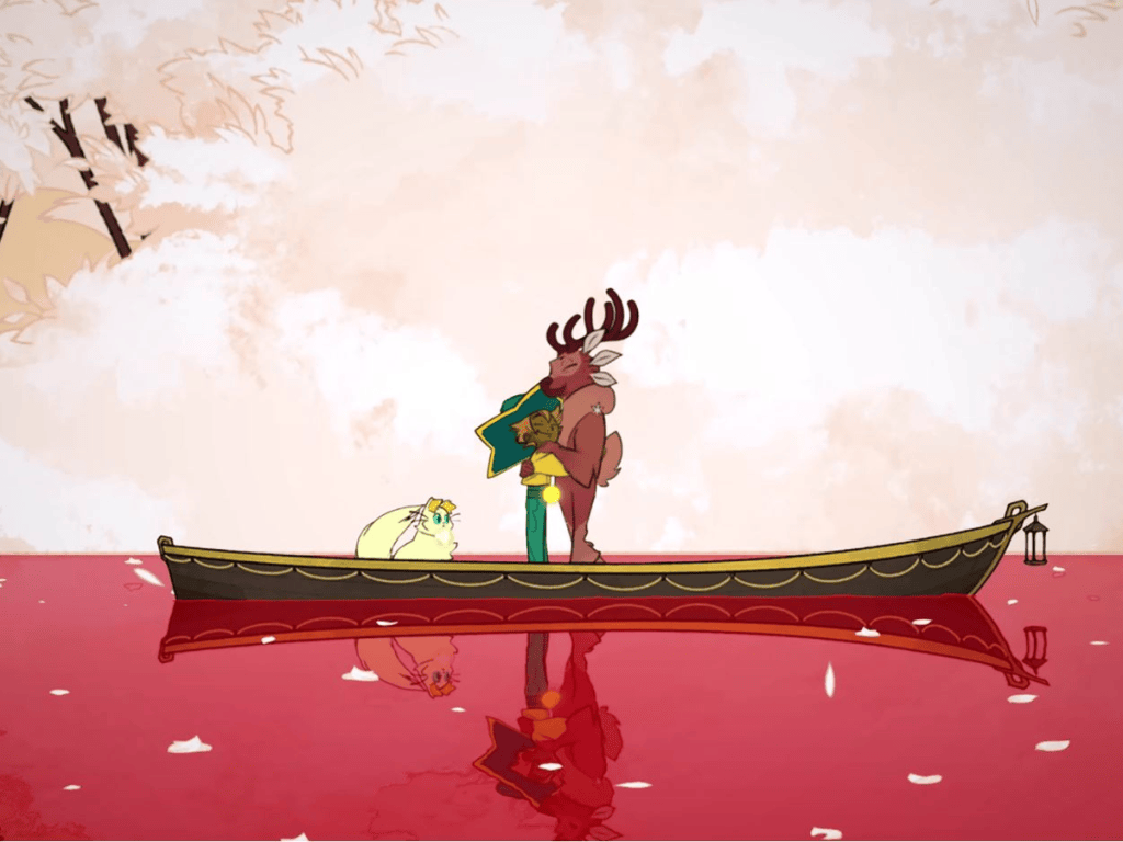 Image from game: Spiritfarer showing two characters hugging on a boat with a cat. 