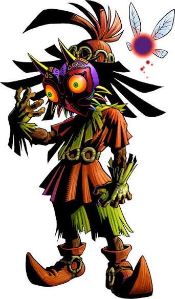 Image from game art for Majora's Mask showing the skull kid and his faerie. 