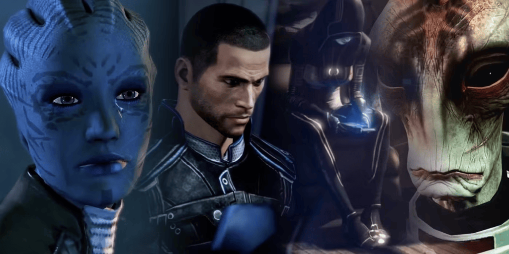 Screenshot of four characters from the game Mass Effect.